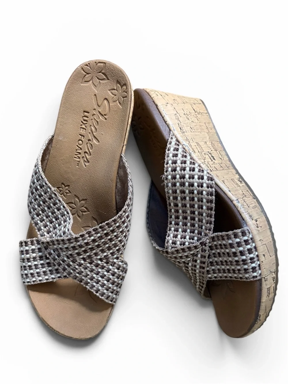 Skechers Two-Tone Brown Woven Cork-Platform Wedges
